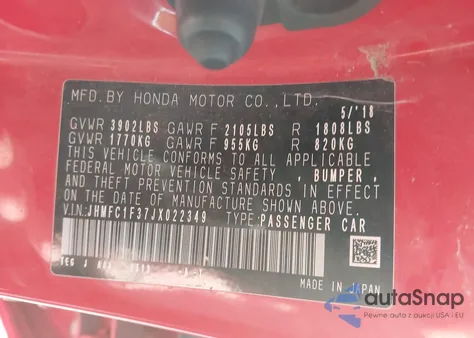 2018 Honda Civic Ex-T from USA, damaged, VIN JHMFC1F37JX022349